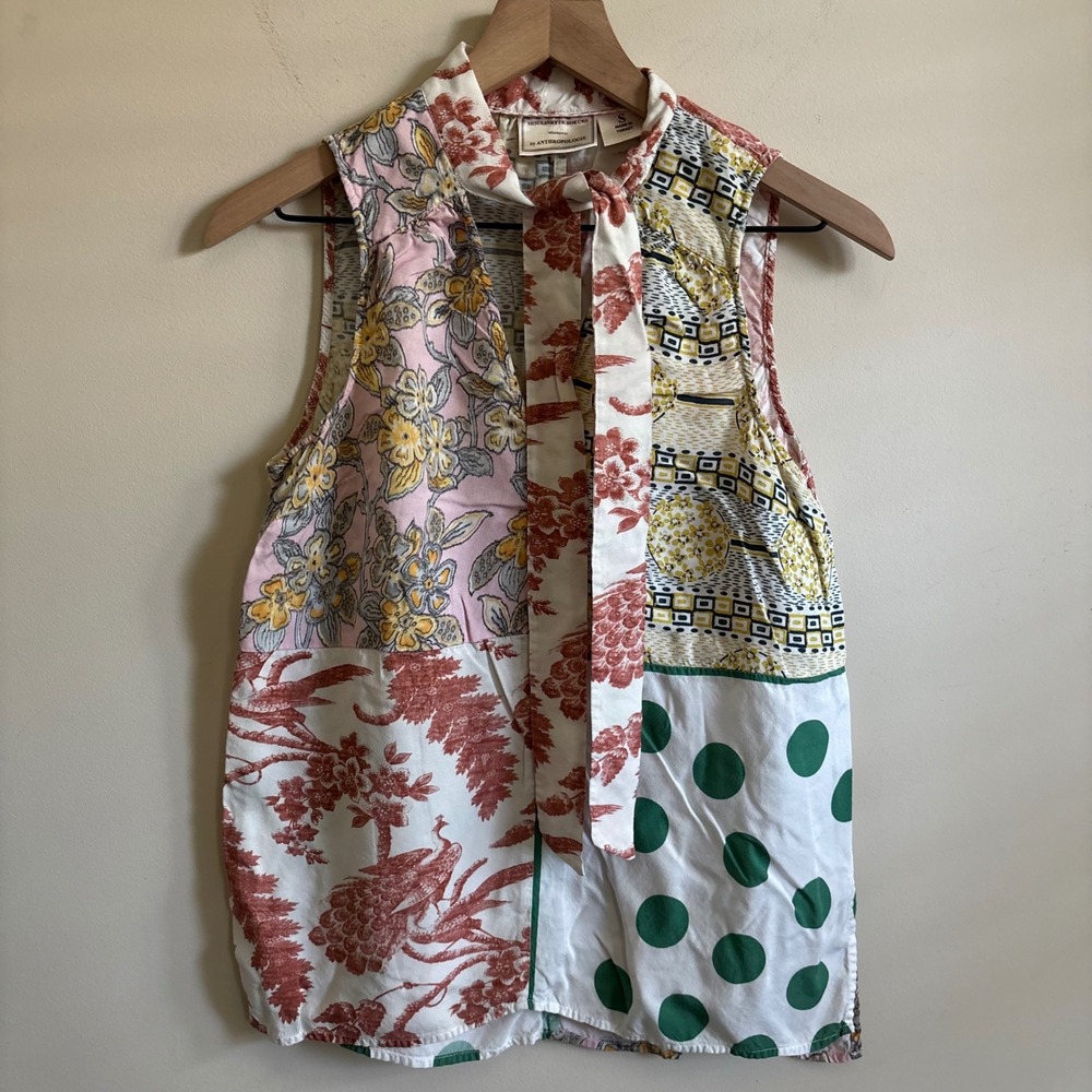 Moulinette Soeurs Anthropologie Patchwork Tie Neck Sleeveless Blouse Small